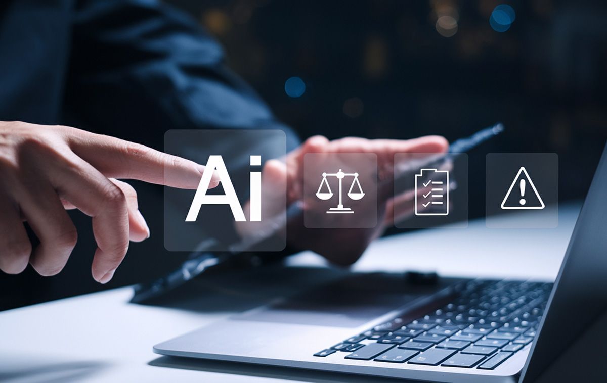 A person interacts with a transparent touchscreen displaying icons: "AI," scales of justice, a checklist, and a warning sign. A laptop is visible, conveying a tech and law theme.