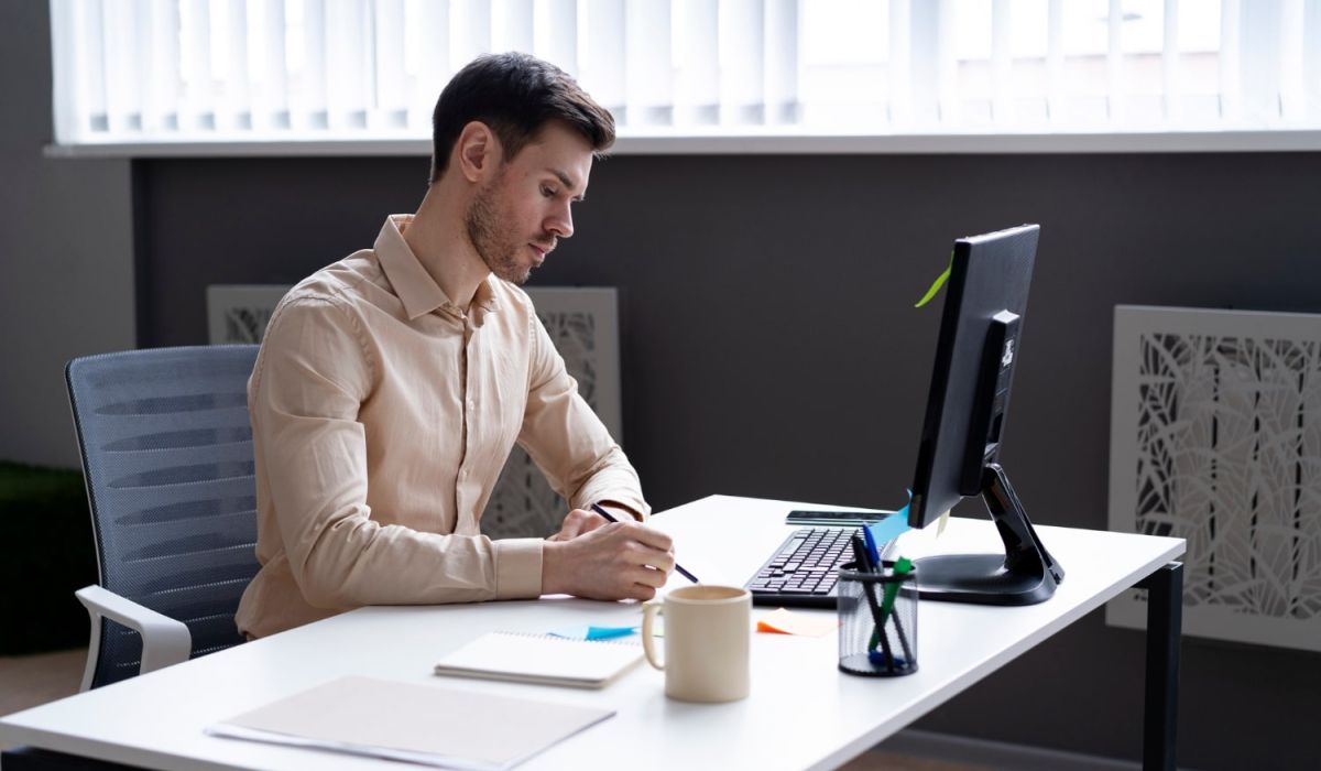 Smartly dressed person working at desk
