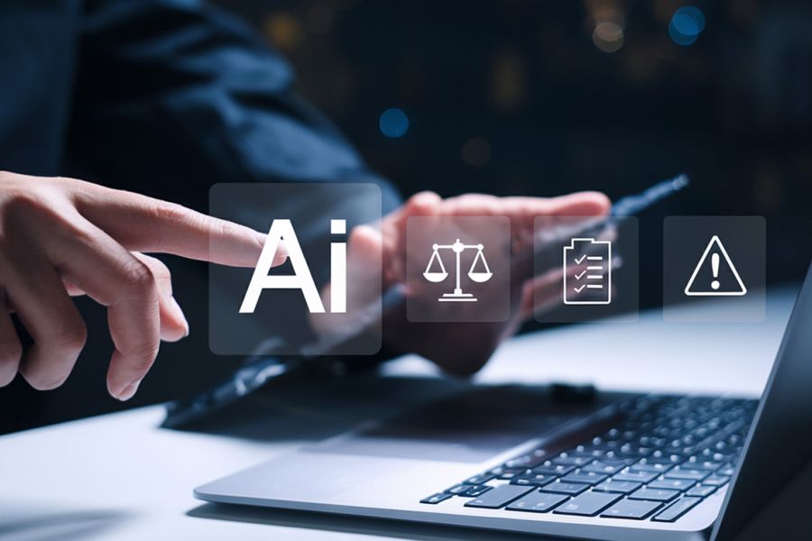 A person interacts with a transparent touchscreen displaying icons: "AI," scales of justice, a checklist, and a warning sign. A laptop is visible, conveying a tech and law theme.