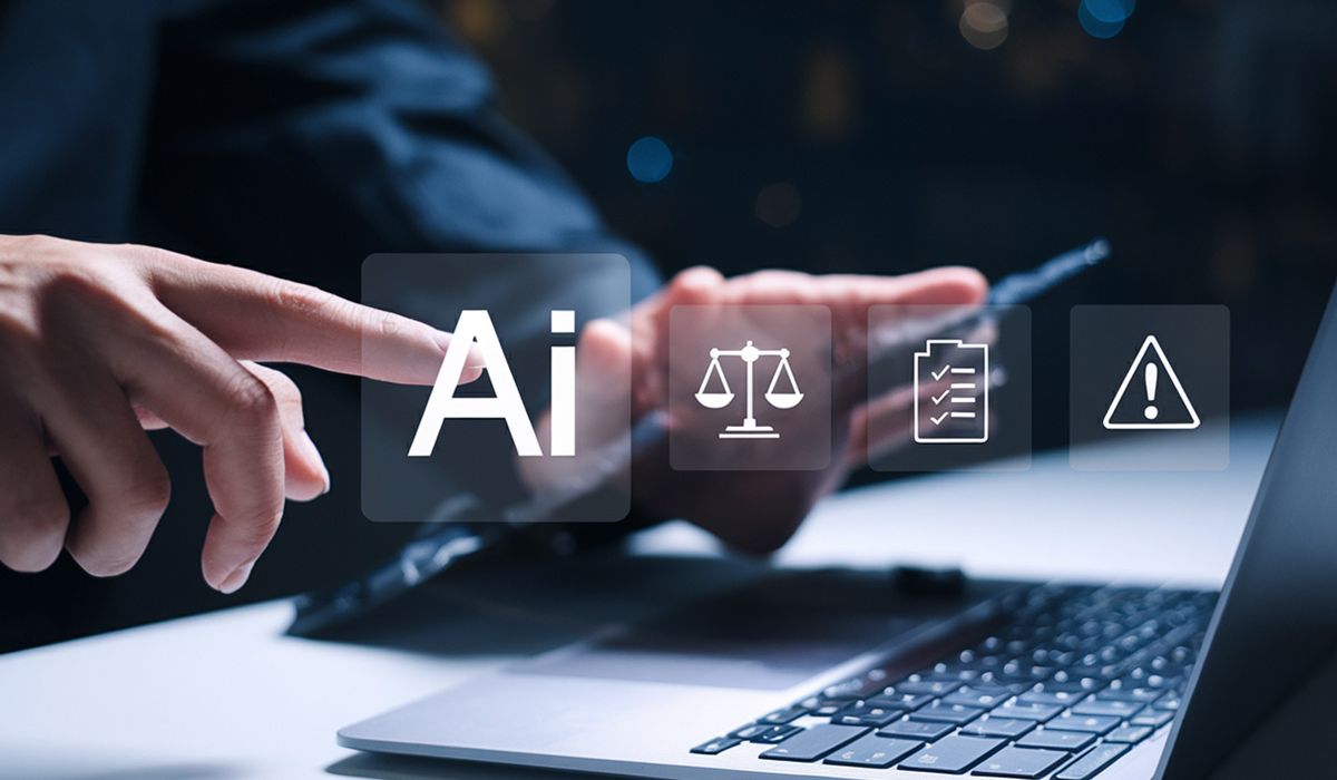 A person interacts with a transparent touchscreen displaying icons: "AI," scales of justice, a checklist, and a warning sign. A laptop is visible, conveying a tech and law theme.